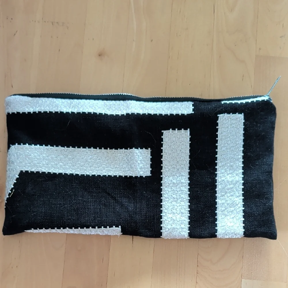 Handmade Ooak Black White Striped Zip Pouch For Toiletries Cosmetics Makeup Bag